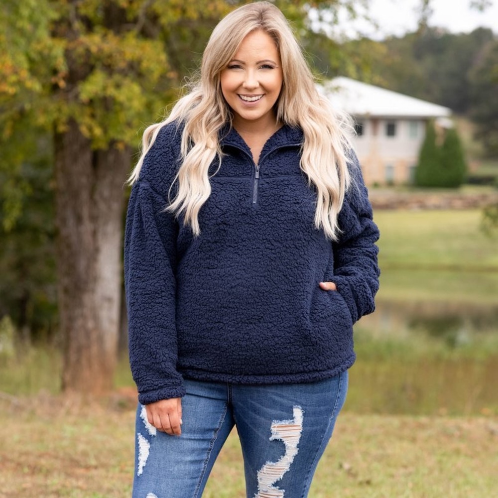 3X Navy Blue Sherpa Fleece Pullover Sweater